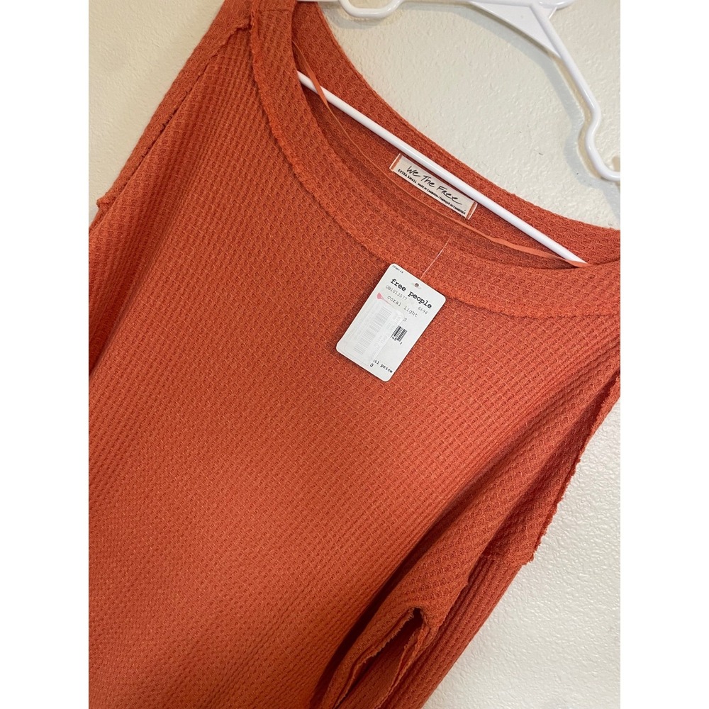 Free People FP Womens XS Orange Waffle Knit Thermal Long Sleeve Top Boat Neck